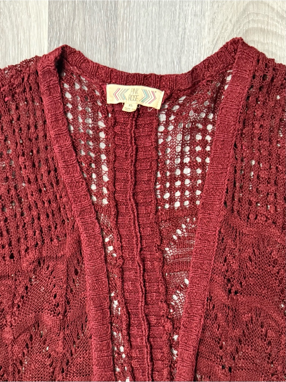 Women's Burgundy Oversized Crochet Knit Open Front Cardigan Boho Kimono Sweater - Picture 3 of 6